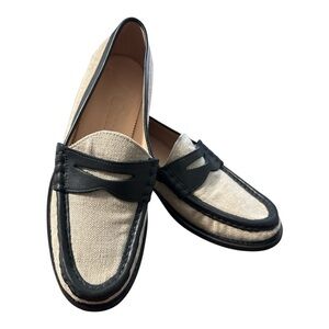 J Crew Penny Loafers Black Khaki Beige Spanish Canvas & Leather Preppy Flats 7.5